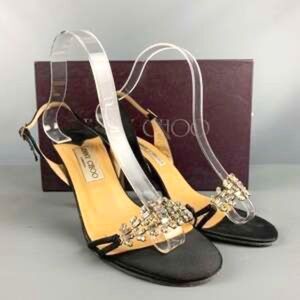 JIMMY CHOO Sexy Sparkly Black Satin Rhinstone Slingback Heals - Dressy Sandal